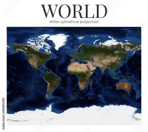 High-detail physical world map in Miller cylindrical projection. Features continents, oceans, and topography. June View. Elements of this image furnished by NASA.