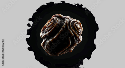 Mysterious dark orb with swirling textures against a soft circular backdrop, evoking a sense of wonder and unknown origin