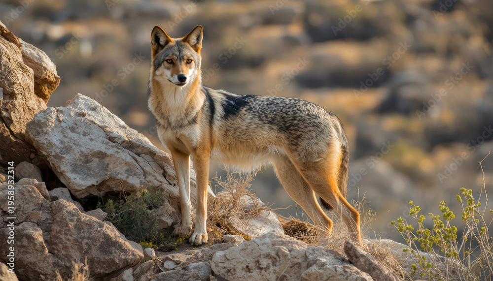 Fototapeta premium Desert coyote wild canid rocky terrain arid landscape standing alert golden light wildlife
