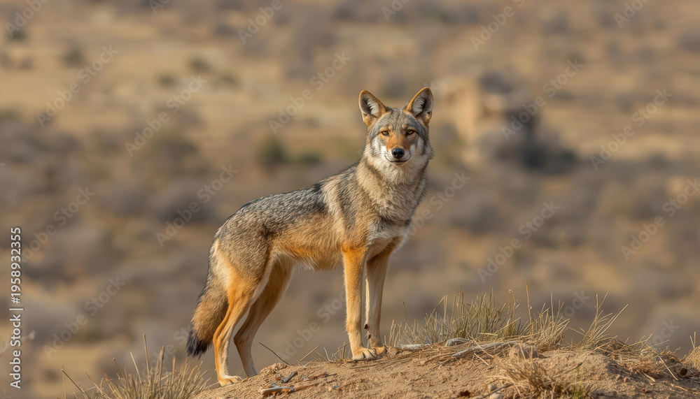 Fototapeta premium Coyote standing on sandy hill in arid grassland at sunset, alert and calm