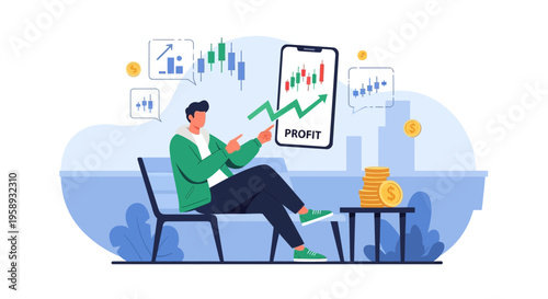 Man analyzing stock market profit on phone with charts and coins