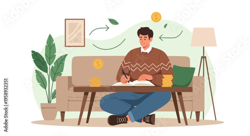 Man budgeting at home, managing finances, saving money, coins and laptop on table