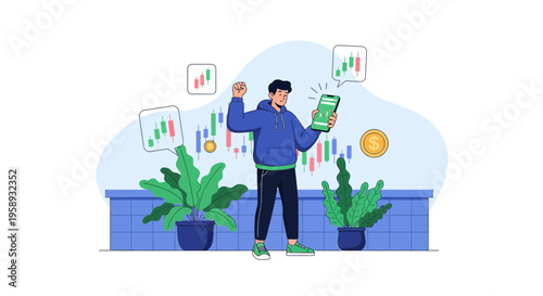 Man celebrating stock market success on phone with charts and plants