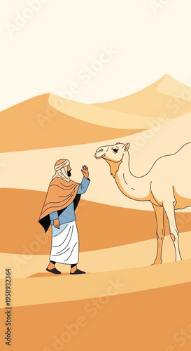 Desert Nomad And Camel Encounter Vast Sandy Dunes