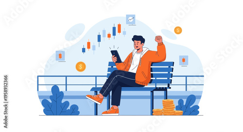 Man celebrating stock market success on phone, financial growth concept