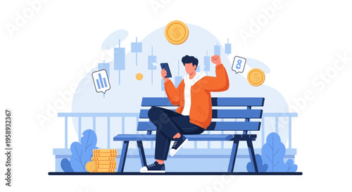Man celebrating financial success on bench with stock market charts and coins