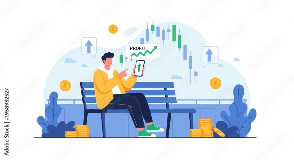 Naklejka premium Man checks stock market profit on phone while sitting on bench with coins and charts