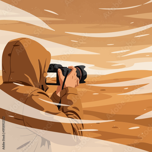 Desert Photographer Capturing Vast Sand Dunes During Golden Hour Adventure