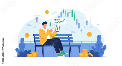 Man checks stock market profit on phone while sitting on bench with coins and charts