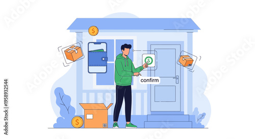 Man confirming online order delivery at home, package delivery, payment confirmation