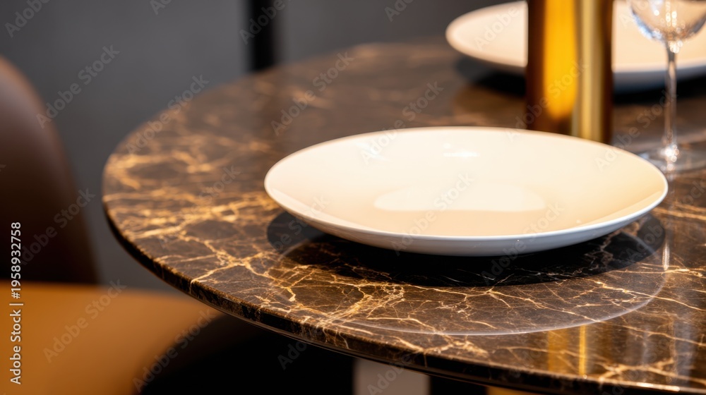 Obraz premium A stylish marble dining table setting featuring a white plate, elegant glassware, and warm tones