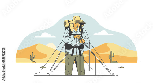 Desert Trekker Setting Up Camp Beneath Arid Dunes