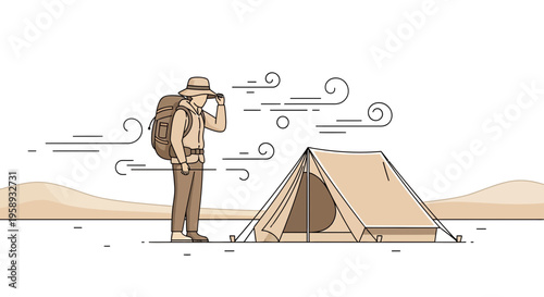 Desert Winds Buffeting a Lone Camper Near a Tent