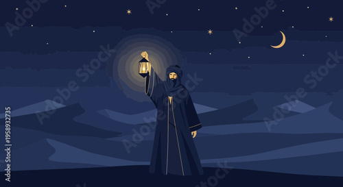 Desert Wanderer Illuminates the Night Sky Holding a Glowing Lantern