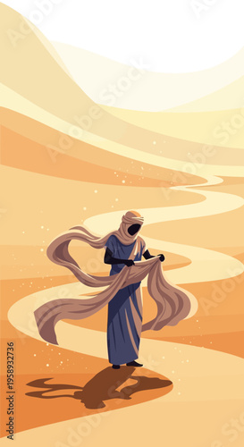 Desert Wanderer Navigates Sandy Path With Flowing Robes
