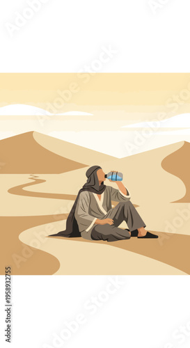 Desert Wanderer Quenches Thirst Amidst Arid Dunes