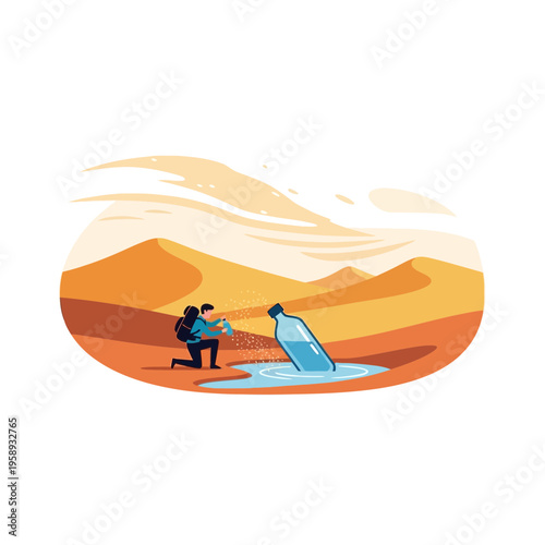 Desert Wanderer Revives Parched Earth with Precious Water From Bottle