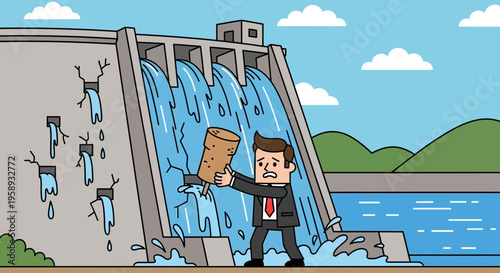 Desperate Businessperson Attempts to Plug Dam Leaks with Cork