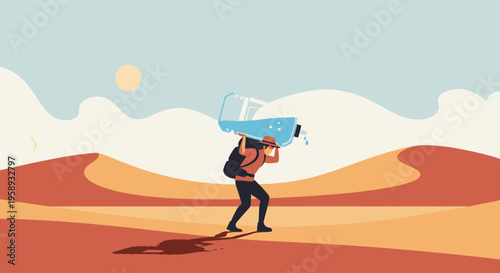 Desperate Traveler Carries Water Across Arid Desert Landscape Under Intense Sun