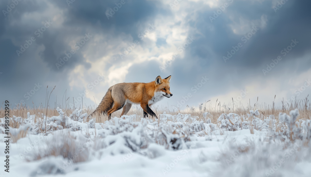 Fototapeta premium Red fox in snowy field with dramatic cloudy sky conveying quiet focus