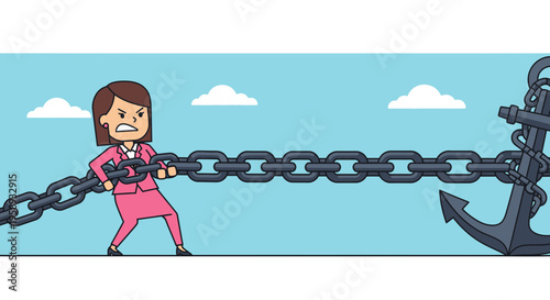 Determined Businesswoman Struggles to Move Heavy Anchor Chain Concept