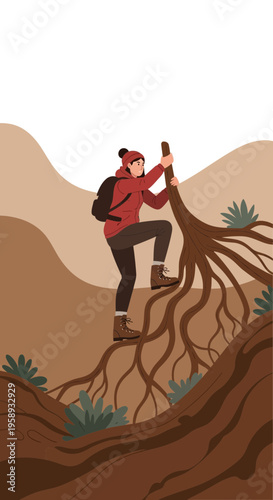 Determined Climber Ascends Rooted Trail Seeking Summit Adventure