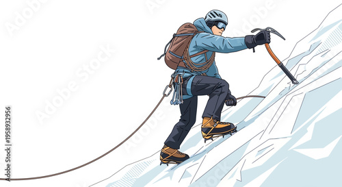 Determined Climber Ascends Steep Icy Mountain With Ice Axe And Gear