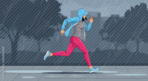 Determined Runner Braves Downpour for Fitness Session