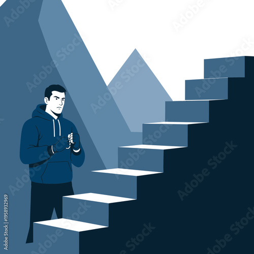 Determined Man Stands Before Steep Staircase Leading Upward Toward Ambition