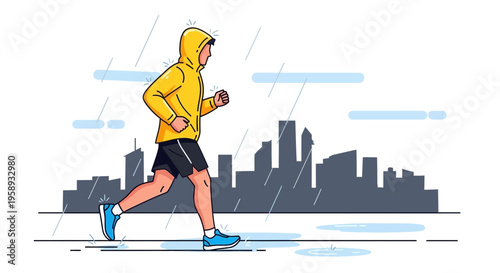 Determined Runner Embraces Rainy City Miles With Yellow Hoodie