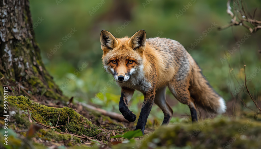Obraz premium Red fox forest mossy floor alert gaze agile