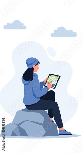 Digital Navigation Adventure Outdoors Exploring The World Via Tablet