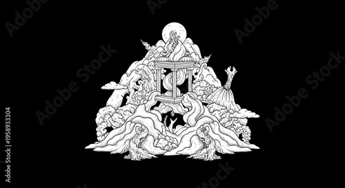 Elaborate Mythological Emblem with Hourglass, Dragon, Mountains, and Ocean Waves in Monochromatic Illustration