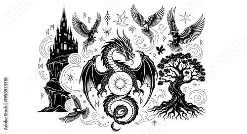 Intricate Fantasy Elements Vector Art Collection: Dragon, Mystical Castle, Eagle Birds, and Ancient Tree