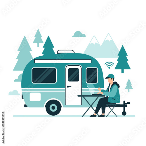Digital Nomad Working Remotely From Scenic Camper Van Adventure