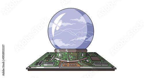 Digital Oracle Futuristic Crystal Ball On Circuit Board Illustration