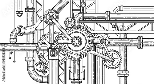 Intricate Industrial Machinery Background with Gears and Pipes. Hand-Drawn Engraving Style Mechanical System Illustration.