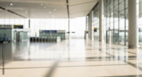 Blurred modern airport interior with bright natural light and spacious hall.