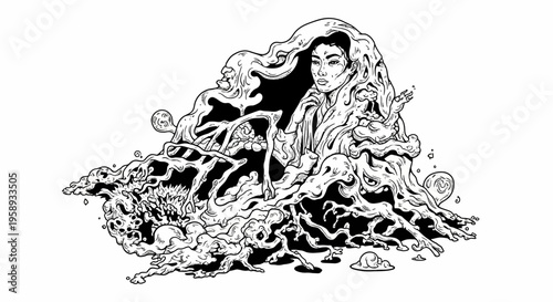 Artistic black and white illustration of a woman's face emerging from dark, swirling abstract liquid, smoke, and organic forms.