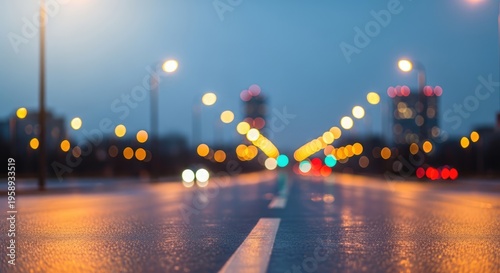 Blurred City Lights on Wet Road at Night.