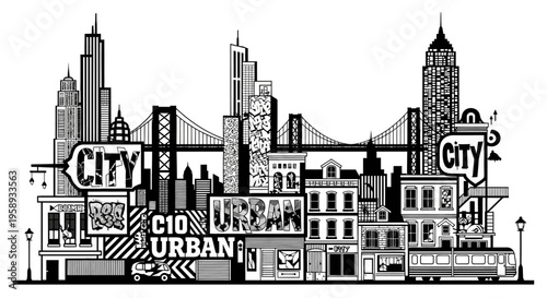 Stylized black and white illustration of a bustling urban city skyline with diverse architecture, bridge, and street scene