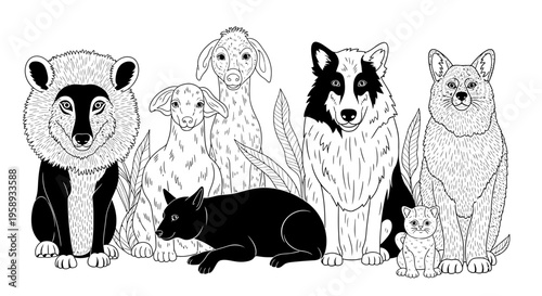 Collection of diverse farm and domestic animals in detailed monochrome vector line art illustration, featuring dogs, cats, and sheep.