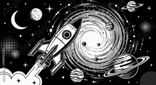 Vintage Rocket Launching into Deep Space with Planets, Stars, and Swirling Galaxy Illustration