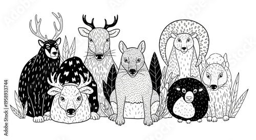 Elegant black and white line art illustration of diverse wild forest animals with stylized textures, grouped together