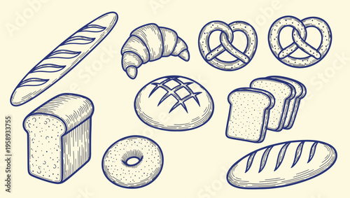 Vintage style assorted bakery products including baguette croissant pretzel bagel and sliced toast bread hand drawn vector illustration doodle art