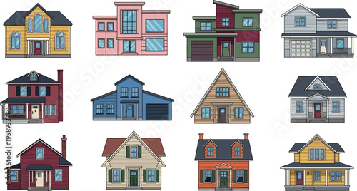 Cartoon house collection set, colorful residential homes with different architectural styles, suburban cottages and modern buildings, exterior facade vector illustration bundle isolated on background