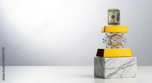 Financial Growth Pyramid with Gold Bars and Currency on White Background.