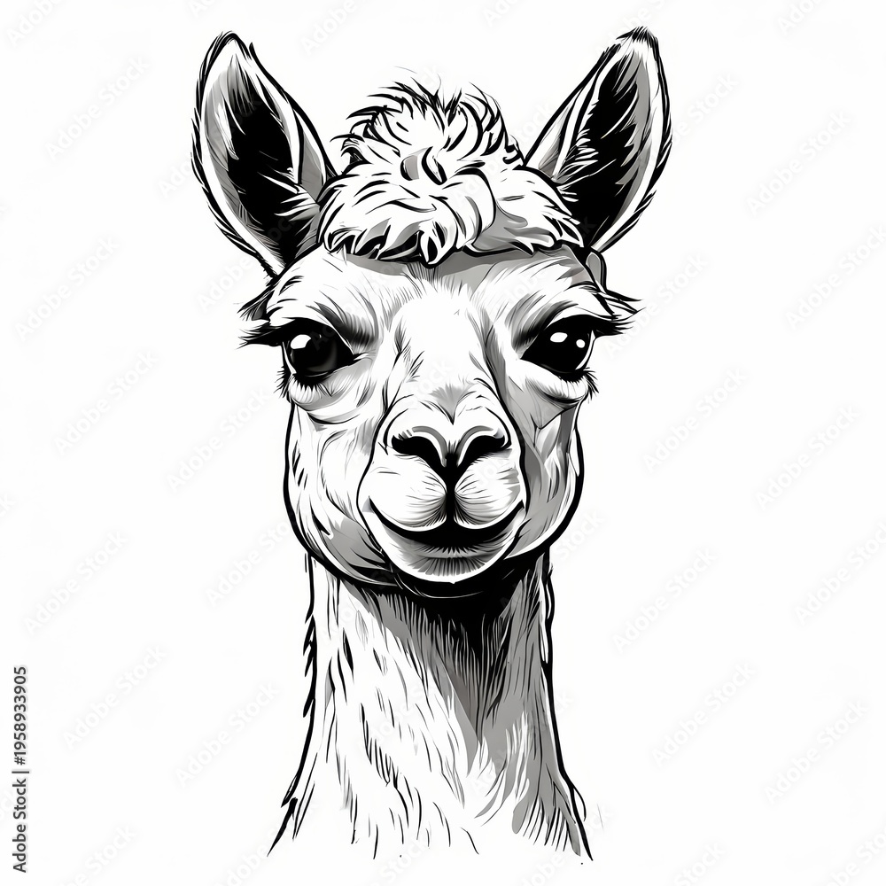 Fototapeta premium Alpaca portrait illustration. Monochrome drawing of a cute llama face with fluffy fur. Stylized animal graphic design element for nursery decor, children book, and wildlife stationery.