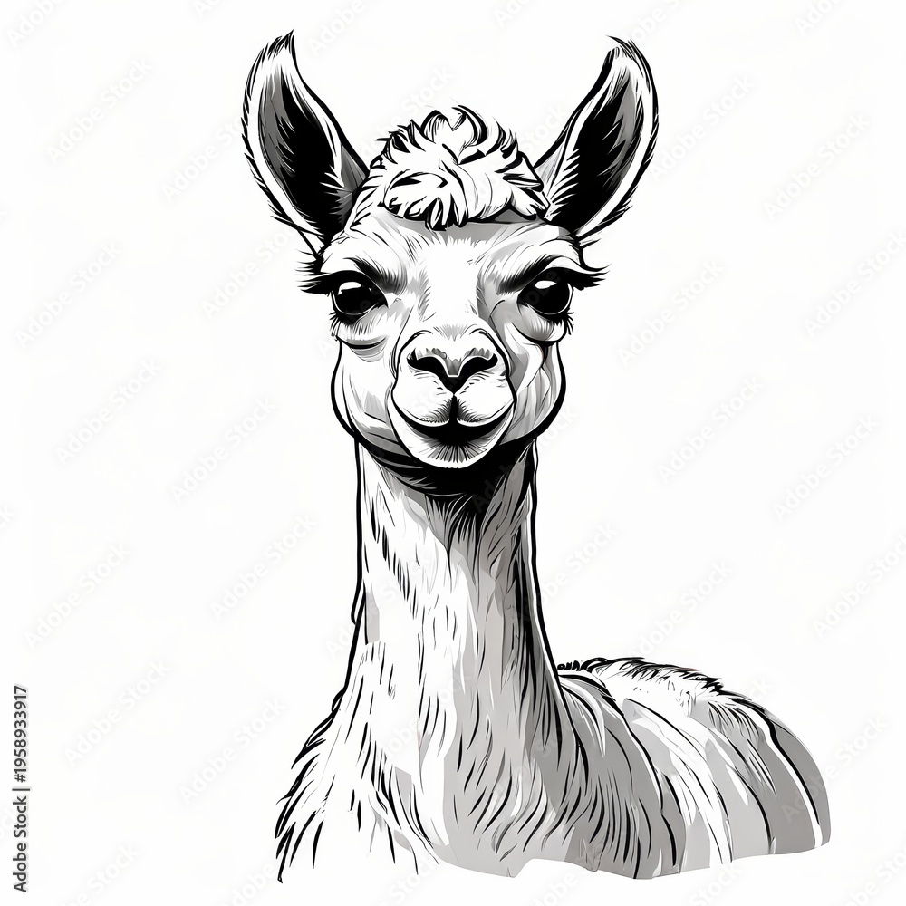 Fototapeta premium Alpaca portrait illustration in black and white sketch style. Digital drawing of a fluffy llama creature with large eyes. Farm animal mascot graphic for nature design and zoo concept.