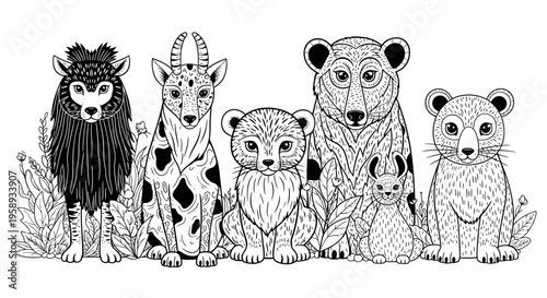 Detailed fantasy animal group illustration for adult coloring book. Mythical creatures line art in black and white, whimsical drawing.